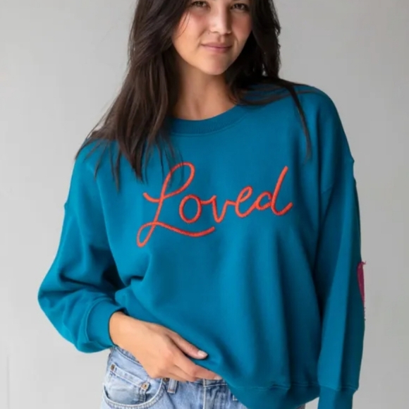 NATURAL LIFE Loved Script Chain-Stitch Sweatshirt in Teal - Picture 2 of 9